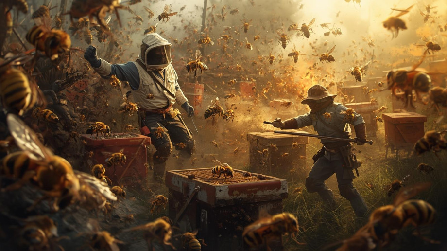 une_image_dune_union_de_plusieurs_ruches_et_abeilles_et_apiculteur_qui_combattent_le_frelon_asiatique_dans_un_d&eacute;cor_de_guerre.jpg